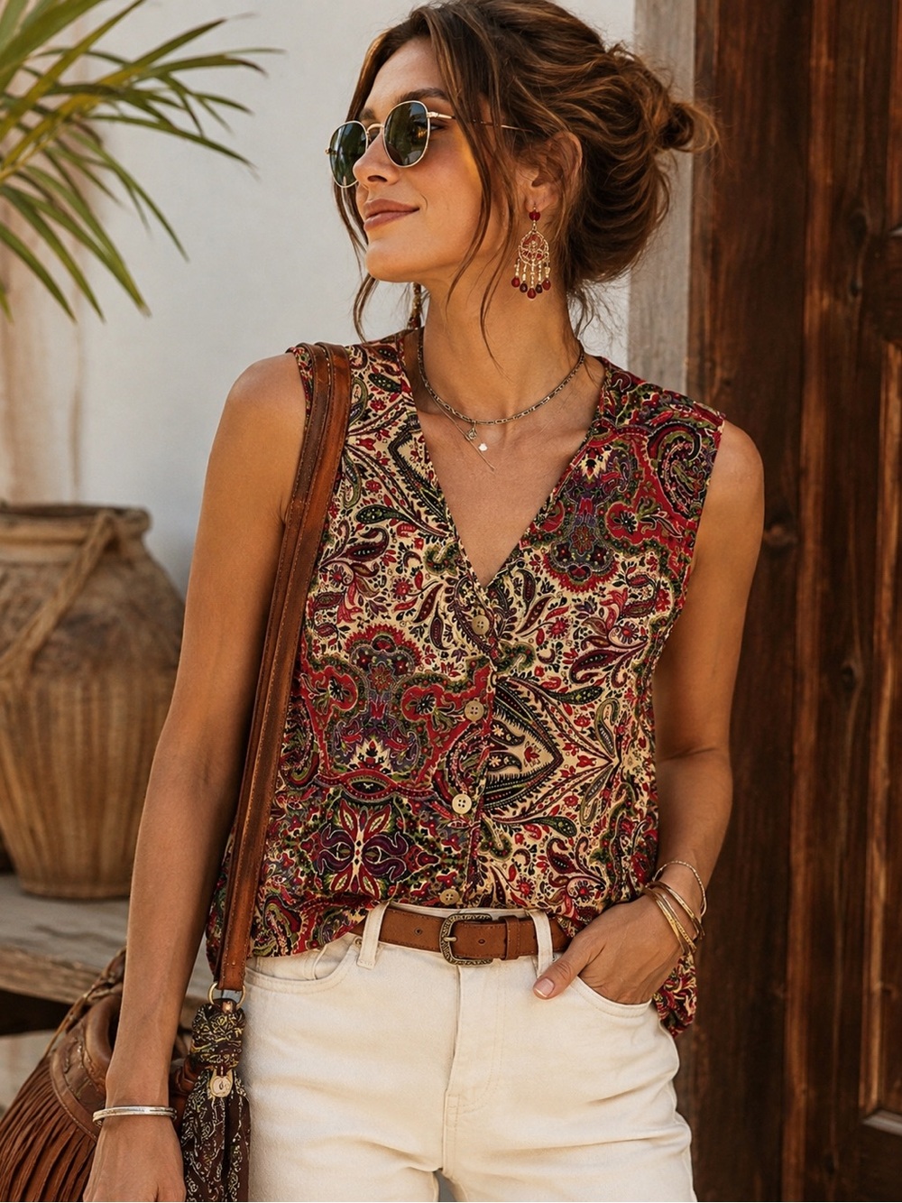Talbots Petites Paisley Button Up Vest Waistcoat Top Boho Size SP